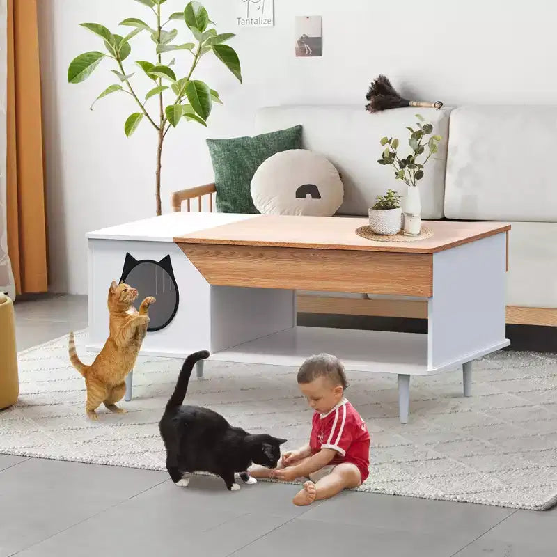 Tavolino Rustico con Lettiera per Gatti Nascosta e Cassetto Portaoggetti, 53,8 cm L x 114 cm P x 52,1 cm H