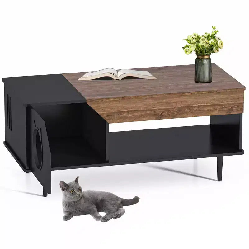 Tavolino Rustico con Lettiera per Gatti Nascosta e Cassetto Portaoggetti, 53,8 cm L x 114 cm P x 52,1 cm H