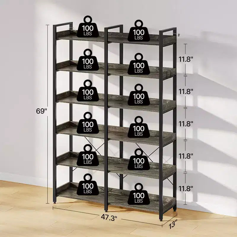 Libreria a giorno a 6 ripiani con 4 ganci, 170 cm