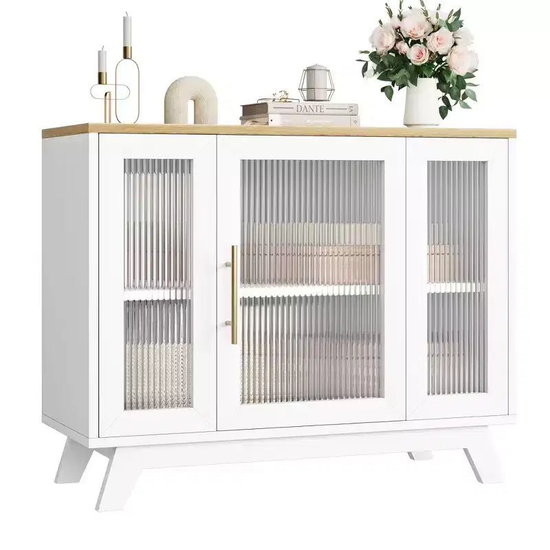 Credenza a Buffet con Anta in Vetro Scanalato e Ripiani Regolabili