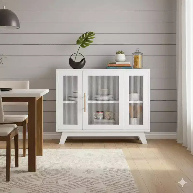 Credenza a Buffet con Anta in Vetro Scanalato e Ripiani Regolabili