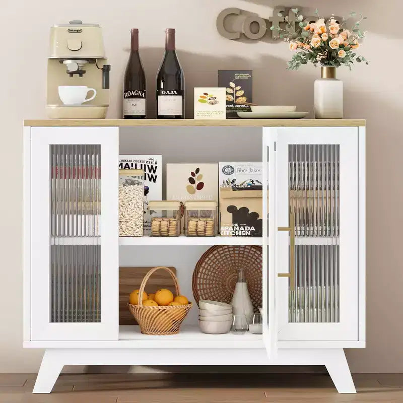 Credenza a Buffet con Anta in Vetro Scanalato e Ripiani Regolabili