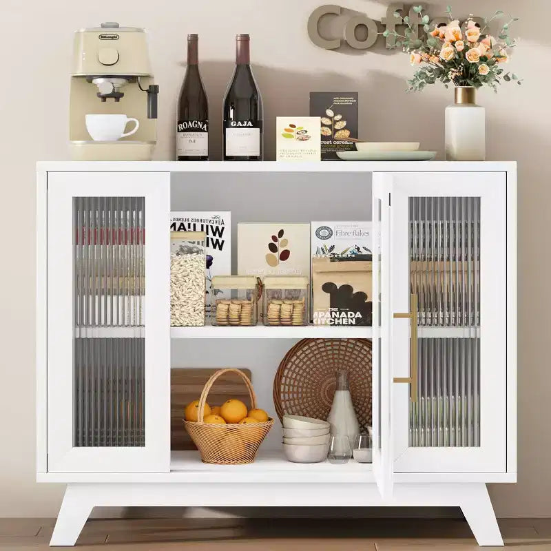 Credenza a Buffet con Anta in Vetro Scanalato e Ripiani Regolabili