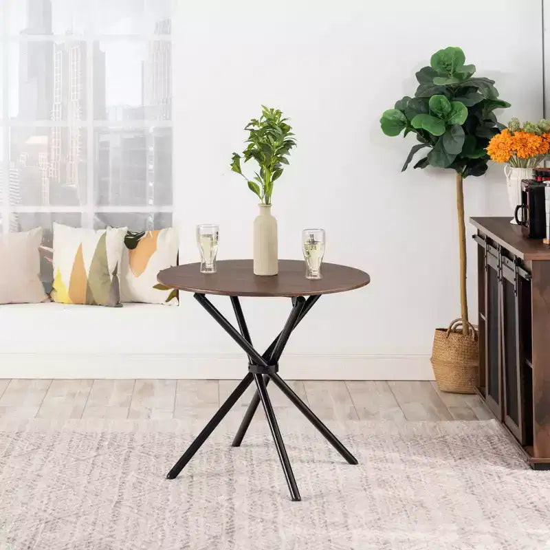 Tavolo da pranzo rotondo da 80 cm con base a piedistallo e gambe in metallo, 2 posti, marrone e nero
