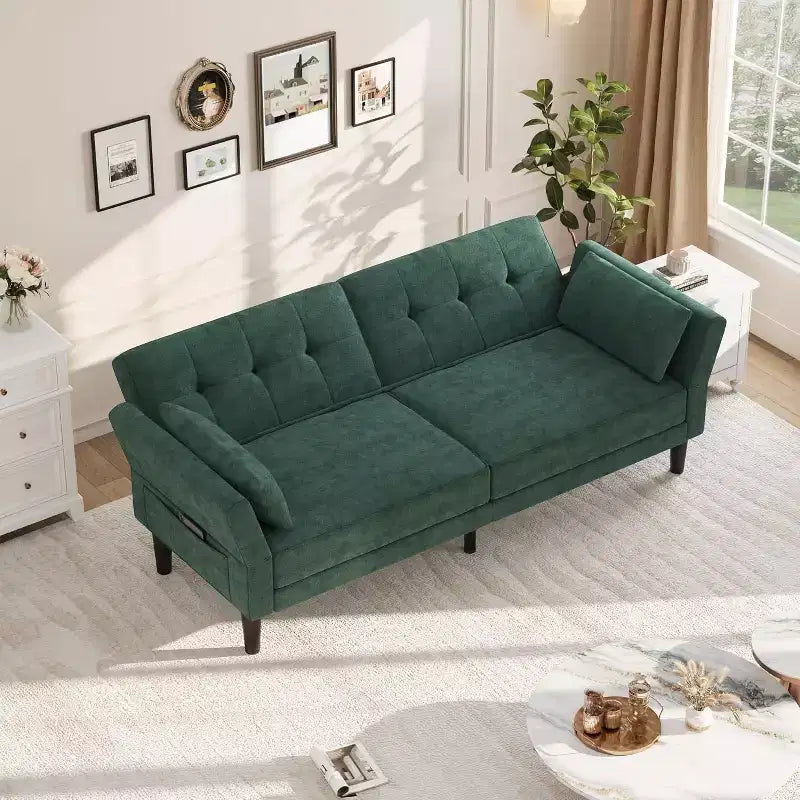 Divano letto futon con schienale e braccioli regolabili, divano letto convertibile in ciniglia per soggiorno, include 2 cuscini