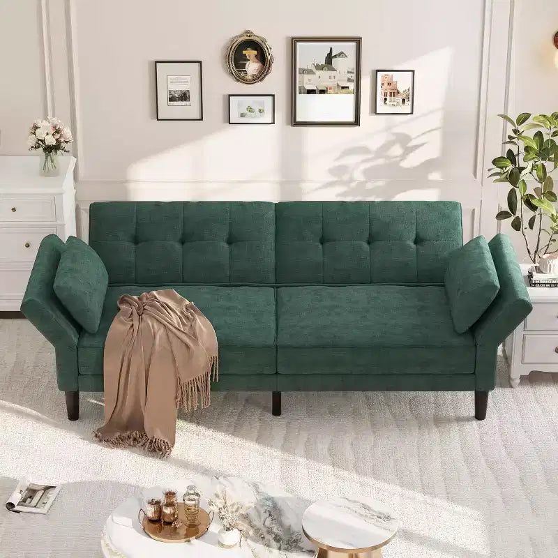 Divano letto futon con schienale e braccioli regolabili, divano letto convertibile in ciniglia per soggiorno, include 2 cuscini