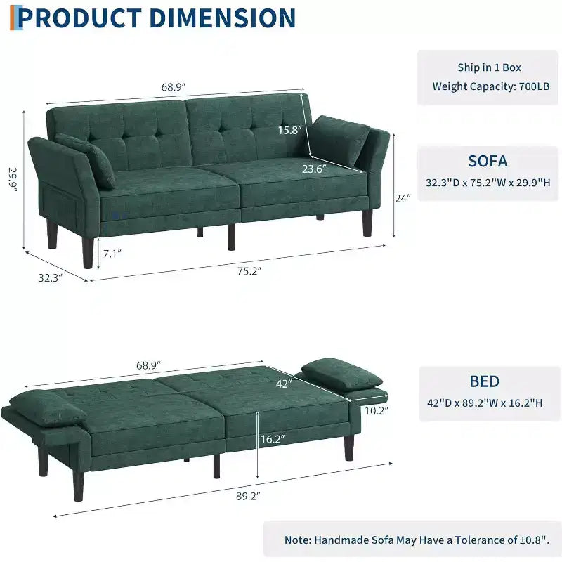 Divano letto futon con schienale e braccioli regolabili, divano letto convertibile in ciniglia per soggiorno, include 2 cuscini