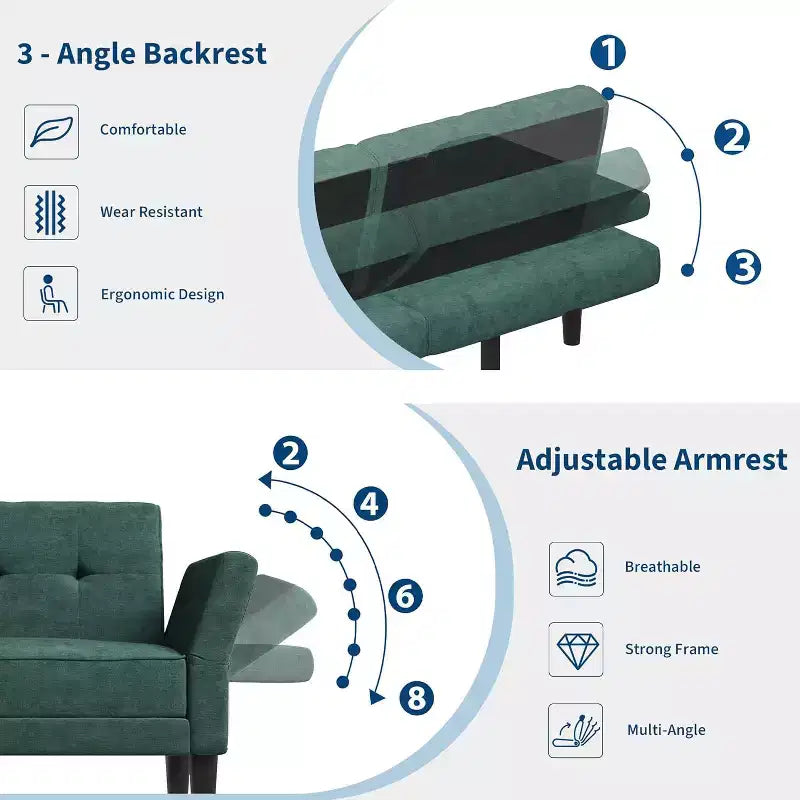 Divano letto futon con schienale e braccioli regolabili, divano letto convertibile in ciniglia per soggiorno, include 2 cuscini