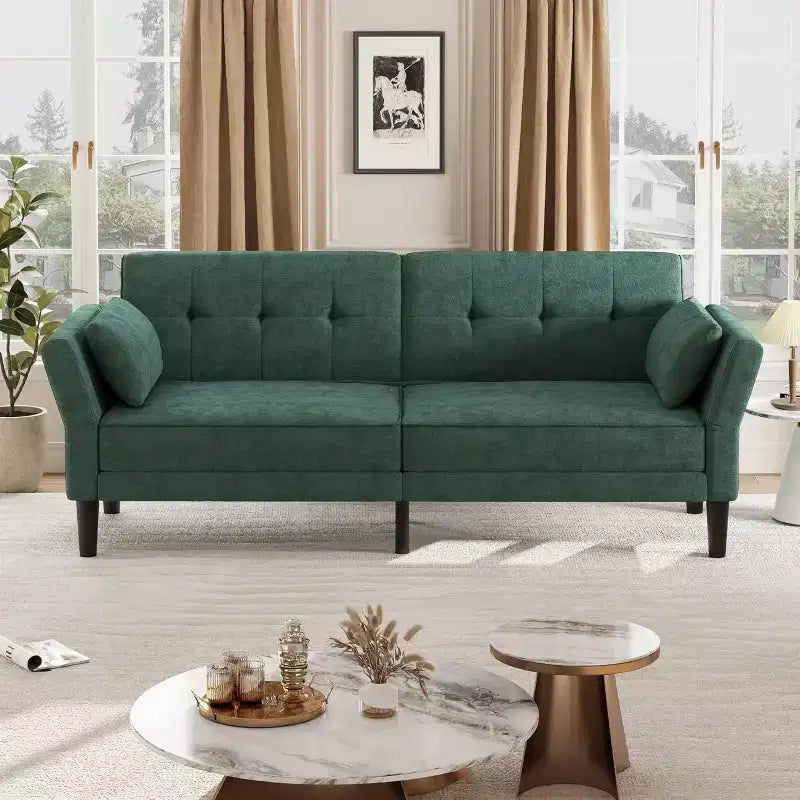 Divano letto futon con schienale e braccioli regolabili, divano letto convertibile in ciniglia per soggiorno, include 2 cuscini