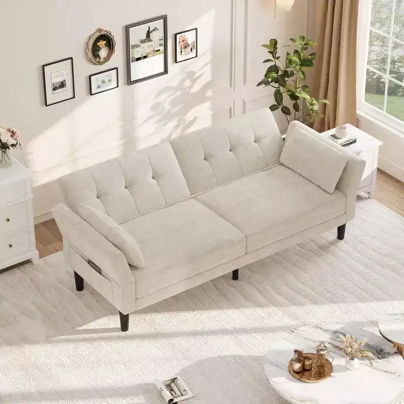 Divano letto futon con schienale e braccioli regolabili, divano letto convertibile in ciniglia per soggiorno, include 2 cuscini