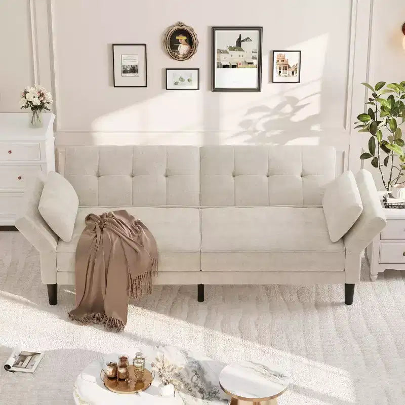 Divano letto futon con schienale e braccioli regolabili, divano letto convertibile in ciniglia per soggiorno, include 2 cuscini