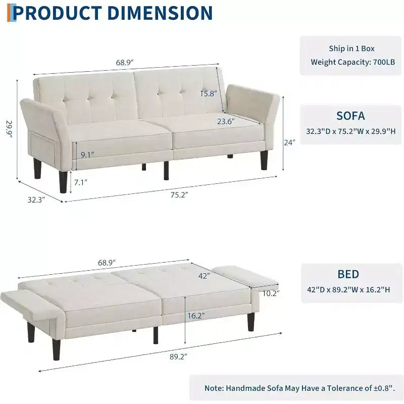 Divano letto futon con schienale e braccioli regolabili, divano letto convertibile in ciniglia per soggiorno, include 2 cuscini