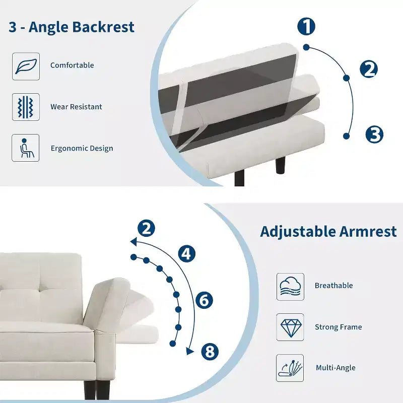 Divano letto futon con schienale e braccioli regolabili, divano letto convertibile in ciniglia per soggiorno, include 2 cuscini