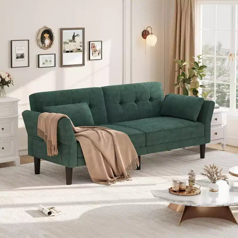 Divano letto futon con schienale e braccioli regolabili, divano letto convertibile in ciniglia per soggiorno, include 2 cuscini