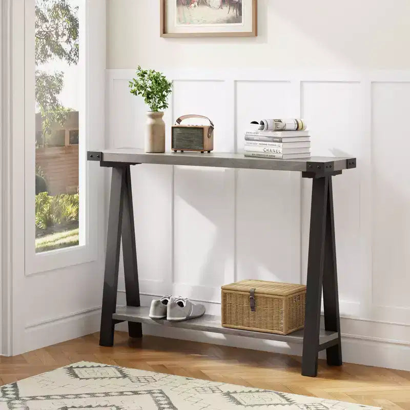 2-Tier Farmhouse Console Table with Bottom Shelf, Rustic Wood & Metal Frame