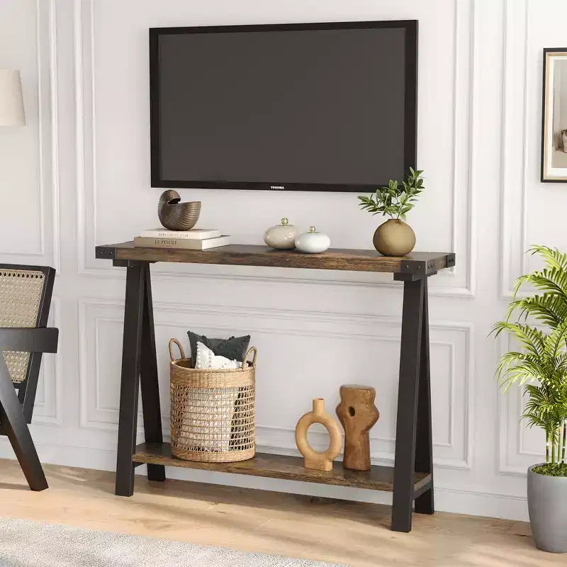 2-Tier Farmhouse Console Table with Bottom Shelf, Rustic Wood & Metal Frame