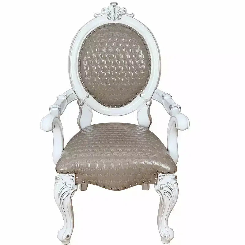 Set di 2 sedie da pranzo con braccioli King Louis, schienale grigio e finta pelle bianca, struttura in legno massiccio, 66 cm L x 63,5 cm P x 116,8 cm H