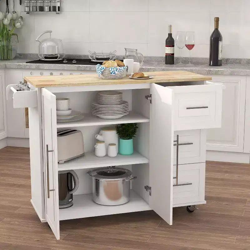 Okak Modern Kitchen Island with Extensible Wooden Table Top, Kitchen Cart with Spice Rack and Towel Rack for Kitchen, Dining Room, White