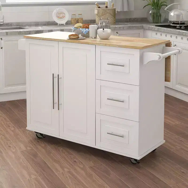 Isola Cucina Moderna con Piano Tavolo in Legno Estensibile, Portaspezie e Portasciugamani, Bianca