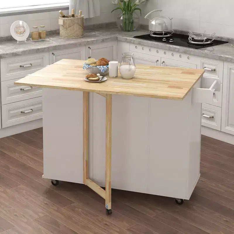 Isola Cucina Moderna con Piano Tavolo in Legno Estensibile, Portaspezie e Portasciugamani, Bianca