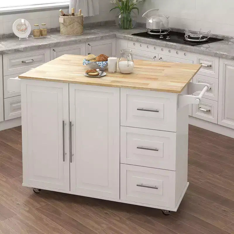 Isola Cucina Moderna con Piano Tavolo in Legno Estensibile, Portaspezie e Portasciugamani, Bianca