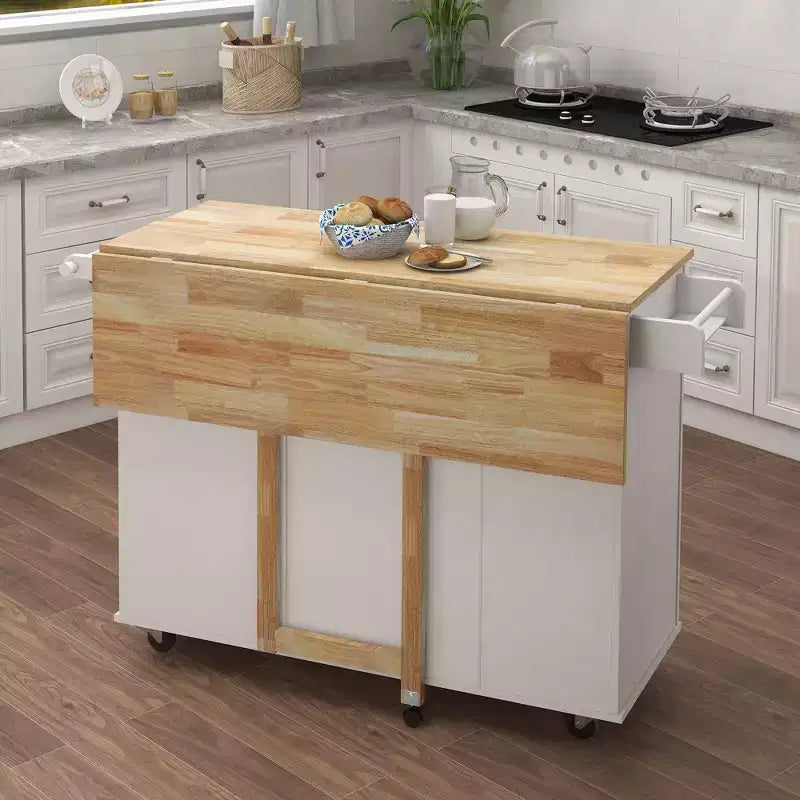 Isola Cucina Moderna con Piano Tavolo in Legno Estensibile, Portaspezie e Portasciugamani, Bianca