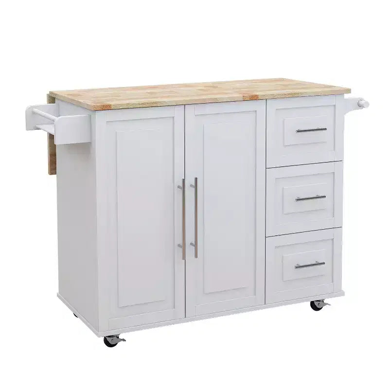 Isola Cucina Moderna con Piano Tavolo in Legno Estensibile, Portaspezie e Portasciugamani, Bianca