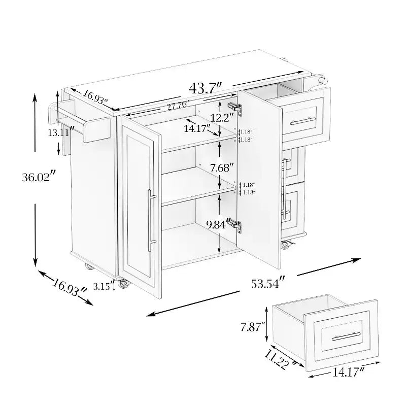 Isola Cucina Moderna con Piano Tavolo in Legno Estensibile, Portaspezie e Portasciugamani, Bianca