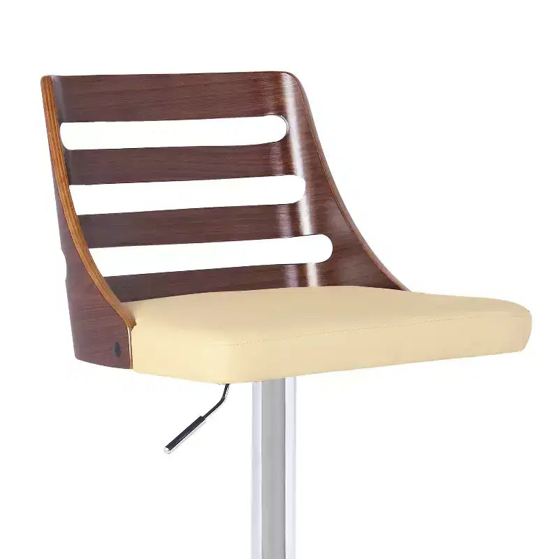 Sgabello da bar con schienale alto, base cromata, impiallacciatura in noce e similpelle crema, altezza seduta 101,6 cm