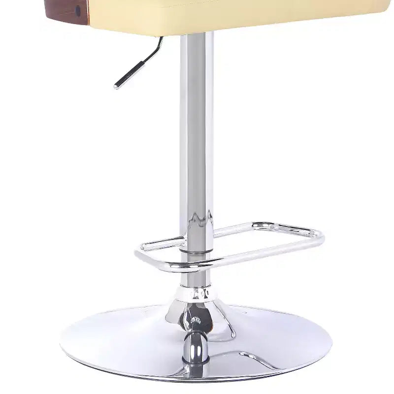 Sgabello da bar con schienale alto, base cromata, impiallacciatura in noce e similpelle crema, altezza seduta 101,6 cm