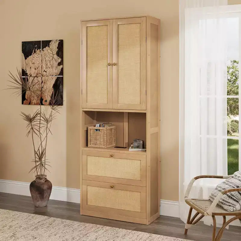 Mobile contenitore in rattan a 2 ante con porta USB e 3 cassetti