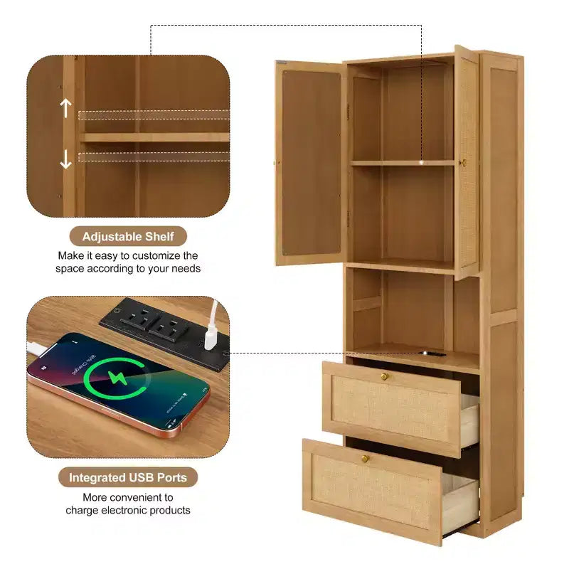Mobile contenitore in rattan a 2 ante con porta USB e 3 cassetti