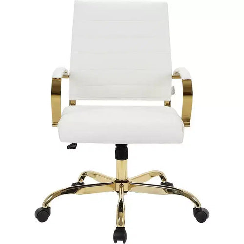 23 in. Fixed Height Beige Faux Leather Swivel Office Chair with Gold Frame