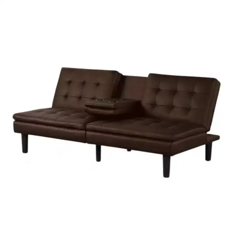 Divano letto futon con vassoio a ribalta e portabicchieri, similpelle marrone