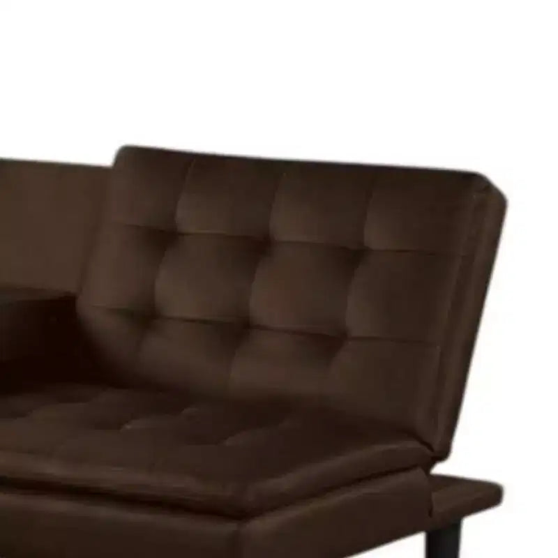 Divano letto futon con vassoio a ribalta e portabicchieri, similpelle marrone