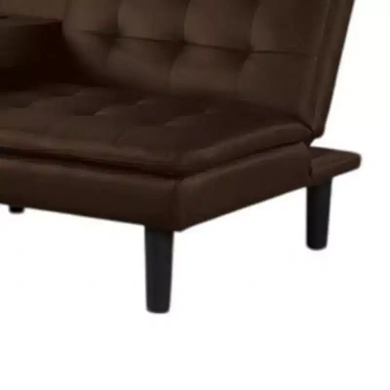 Divano letto futon con vassoio a ribalta e portabicchieri, similpelle marrone