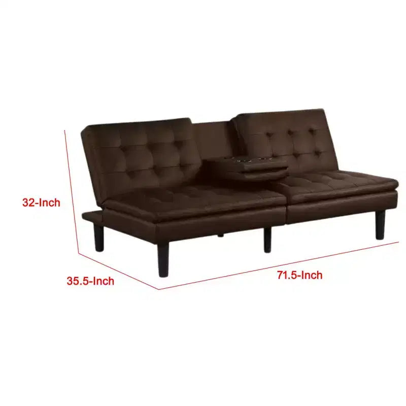 Divano letto futon con vassoio a ribalta e portabicchieri, similpelle marrone