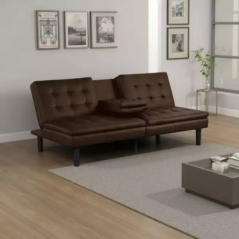 Divano letto futon con vassoio a ribalta e portabicchieri, similpelle marrone