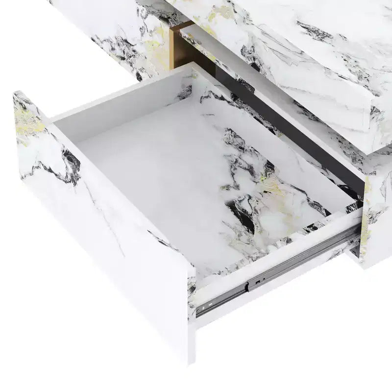 Tavolino quadrato con 4 cassetti laterali e piano in similmarmo, 110 cm L x 110 cm P x 45,5 cm A, Bianco