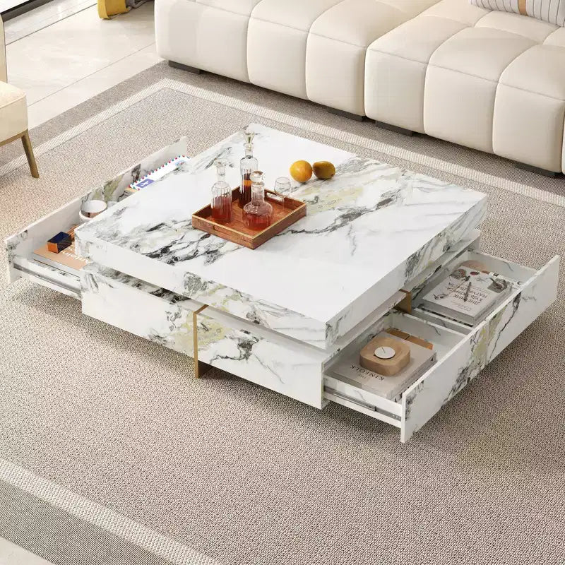 Tavolino quadrato con 4 cassetti laterali e piano in similmarmo, 110 cm L x 110 cm P x 45,5 cm A, Bianco