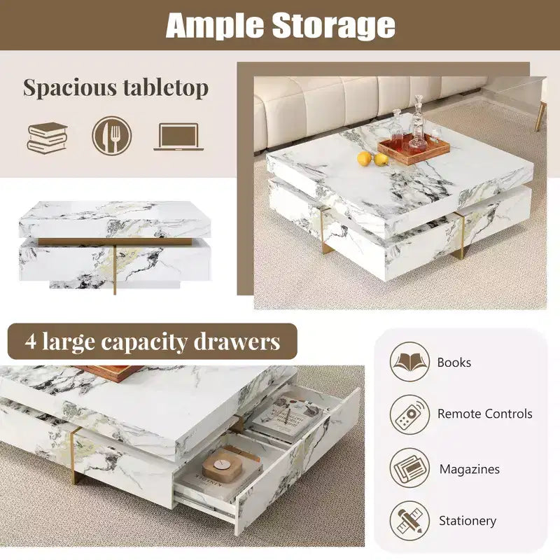 Tavolino quadrato con 4 cassetti laterali e piano in similmarmo, 110 cm L x 110 cm P x 45,5 cm A, Bianco