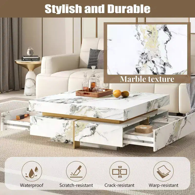 Tavolino quadrato con 4 cassetti laterali e piano in similmarmo, 110 cm L x 110 cm P x 45,5 cm A, Bianco