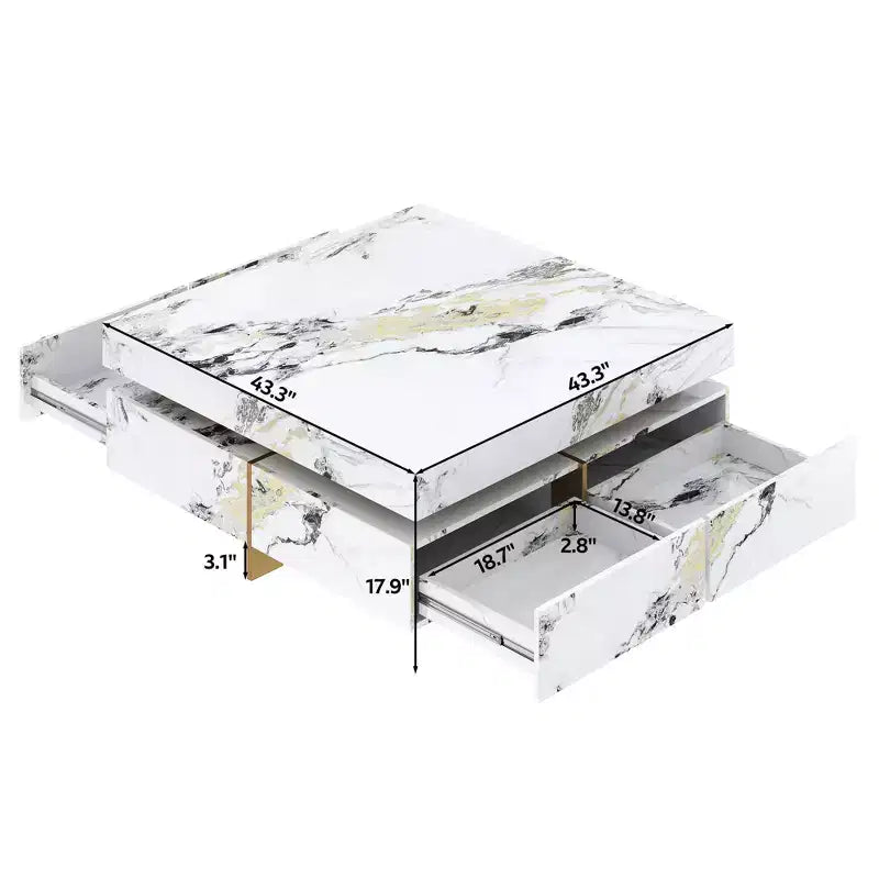 Tavolino quadrato con 4 cassetti laterali e piano in similmarmo, 110 cm L x 110 cm P x 45,5 cm A, Bianco