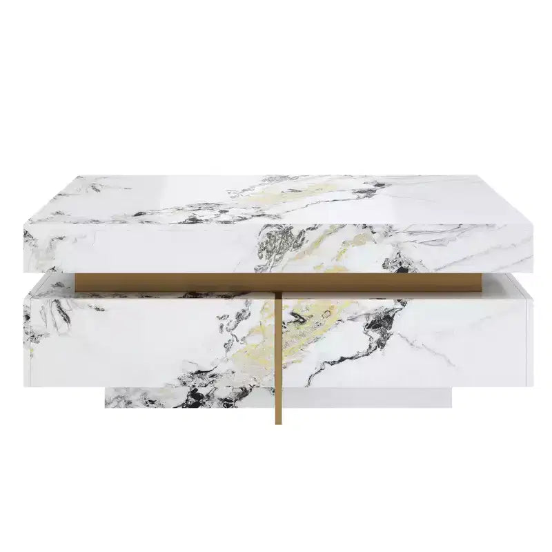 Tavolino quadrato con 4 cassetti laterali e piano in similmarmo, 110 cm L x 110 cm P x 45,5 cm A, Bianco