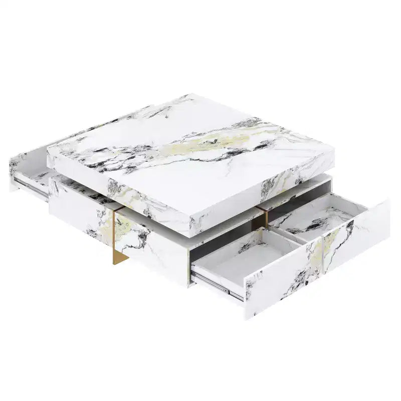 Tavolino quadrato con 4 cassetti laterali e piano in similmarmo, 110 cm L x 110 cm P x 45,5 cm A, Bianco