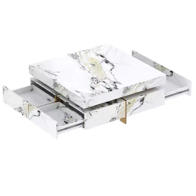 Tavolino quadrato con 4 cassetti laterali e piano in similmarmo, 110 cm L x 110 cm P x 45,5 cm A, Bianco