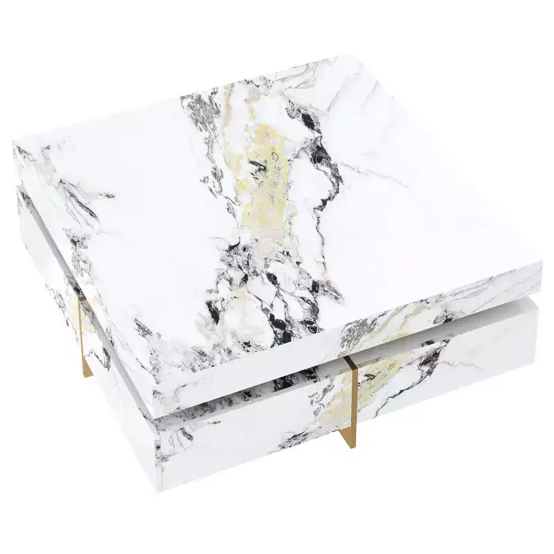 Tavolino quadrato con 4 cassetti laterali e piano in similmarmo, 110 cm L x 110 cm P x 45,5 cm A, Bianco