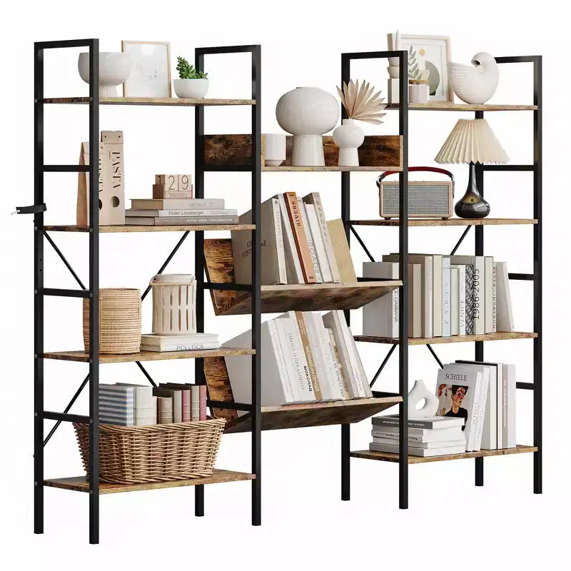 4 Tier Industrial Bookshelf,Triple Column Design with Various Open Display Shelves,Rustic Bookcase&Standing Shelving Organizer for Office,Living Room