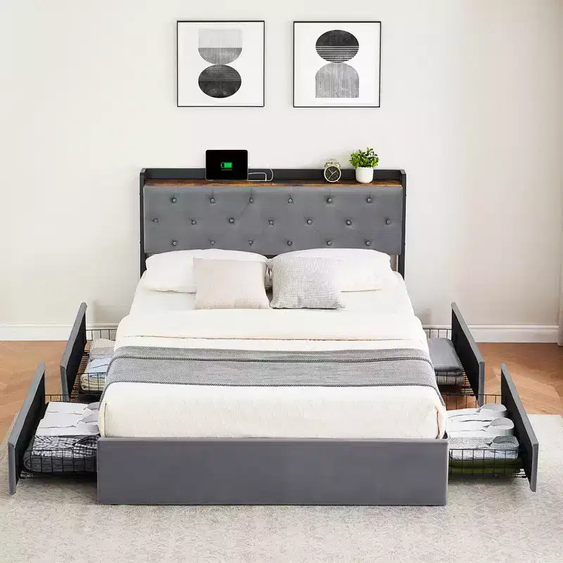 Struttura letto in metallo con cassetti contenitore e testiera imbottita