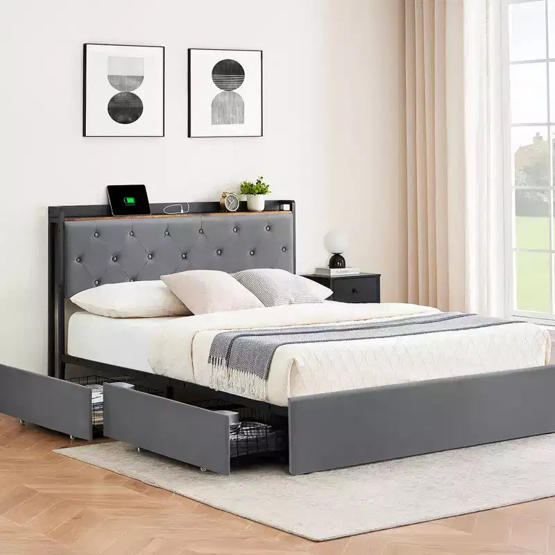 Struttura letto in metallo con cassetti contenitore e testiera imbottita